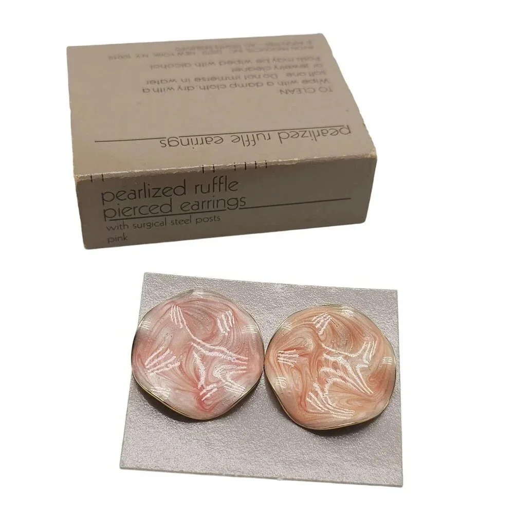 Avon Pink Pearlized Ruffle Pierced Earrings Vintage 1985 with Box